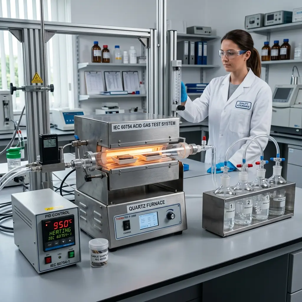 IEC 60754 acid gas emission test apparatus with tube furnace and wash bottles