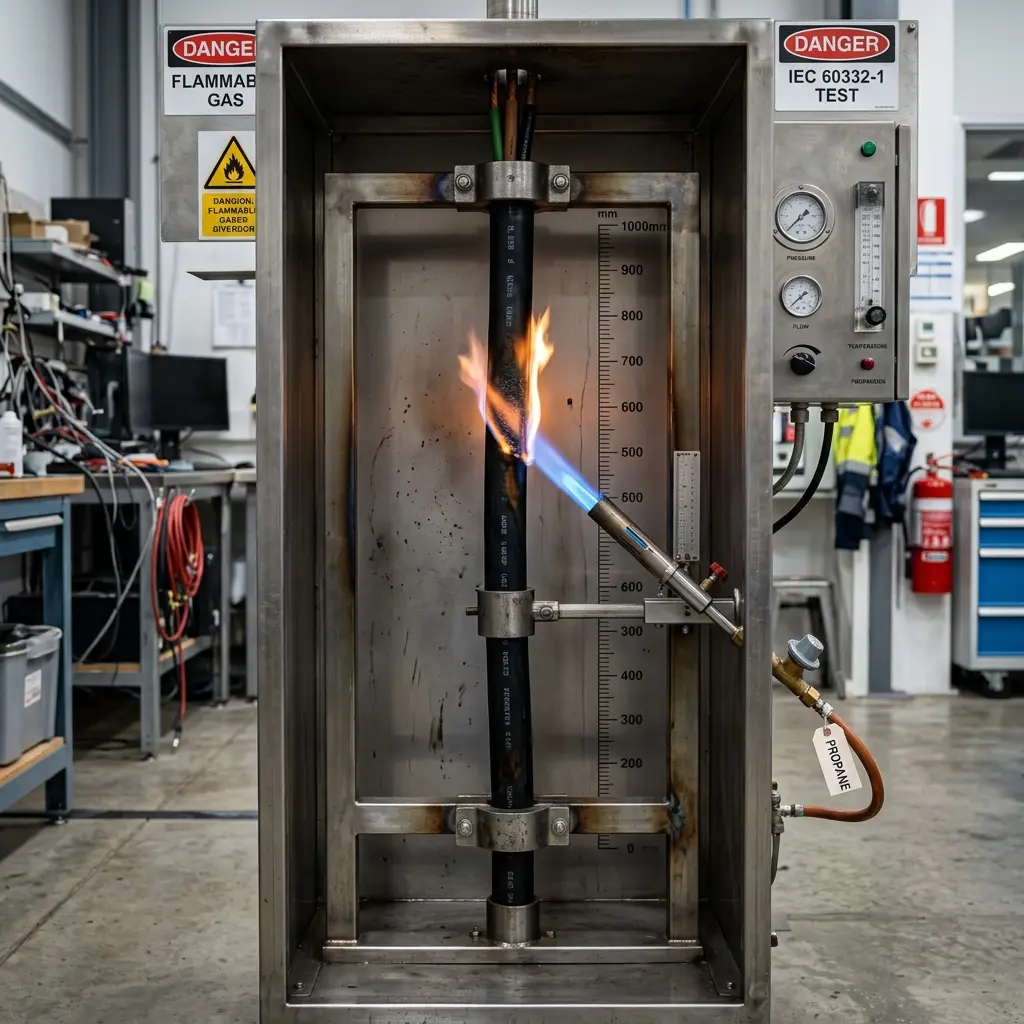 IEC 60332 vertical cable flame test inside a specialized test chamber